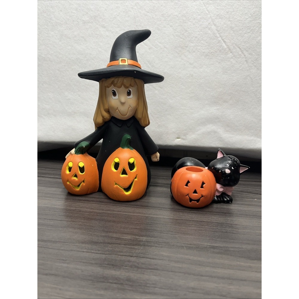 VTG Ceramic Halloween Witches w/Pumpkins And Cat Illuminated  No Light Included
